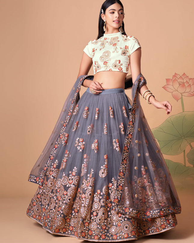 Luxurious Stone Grey Net Embroidered Designer Lehenga Choli
