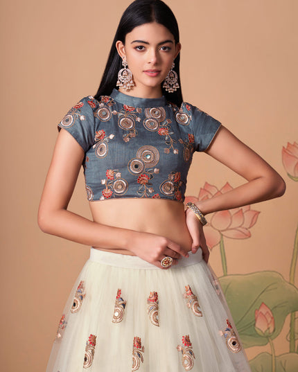 Impeccable Off White Net Embroidered Designer Lehenga Choli