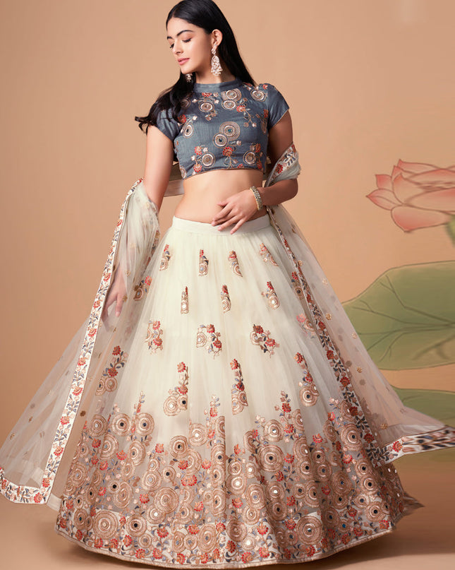 Impeccable Off White Net Embroidered Designer Lehenga Choli