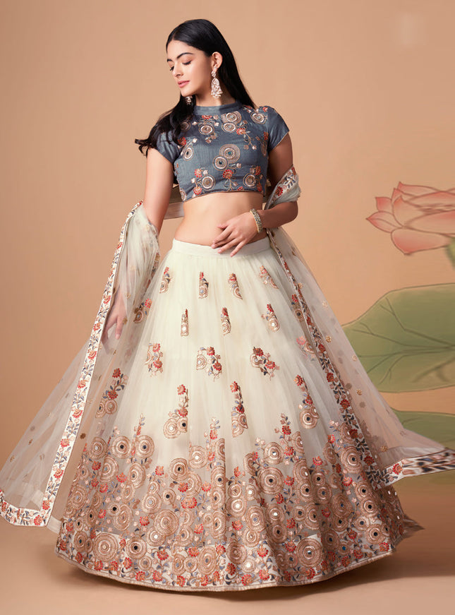 Impeccable Off White Net Embroidered Designer Lehenga Choli