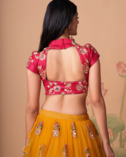 Dazzling Golden Yellow Net Embroidered Designer Lehenga Choli