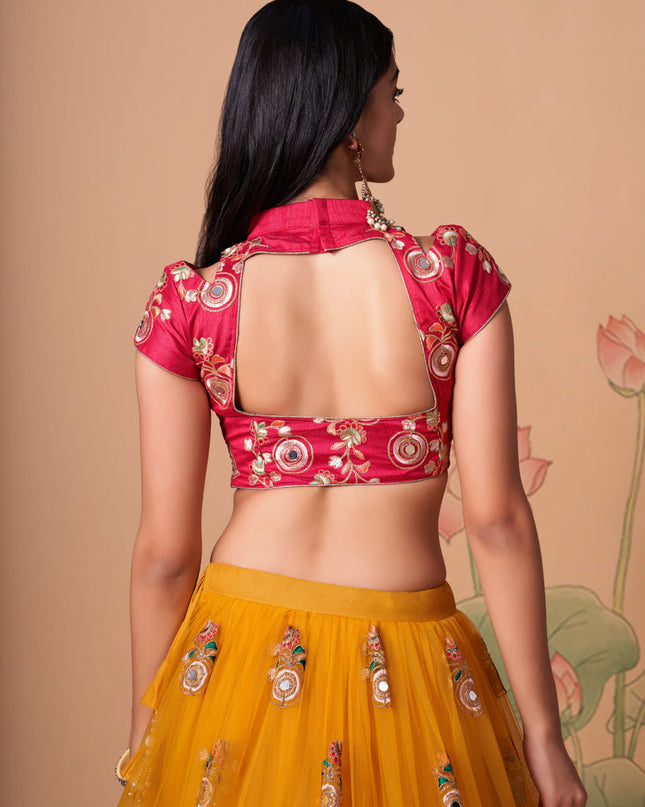 Dazzling Golden Yellow Net Embroidered Designer Lehenga Choli