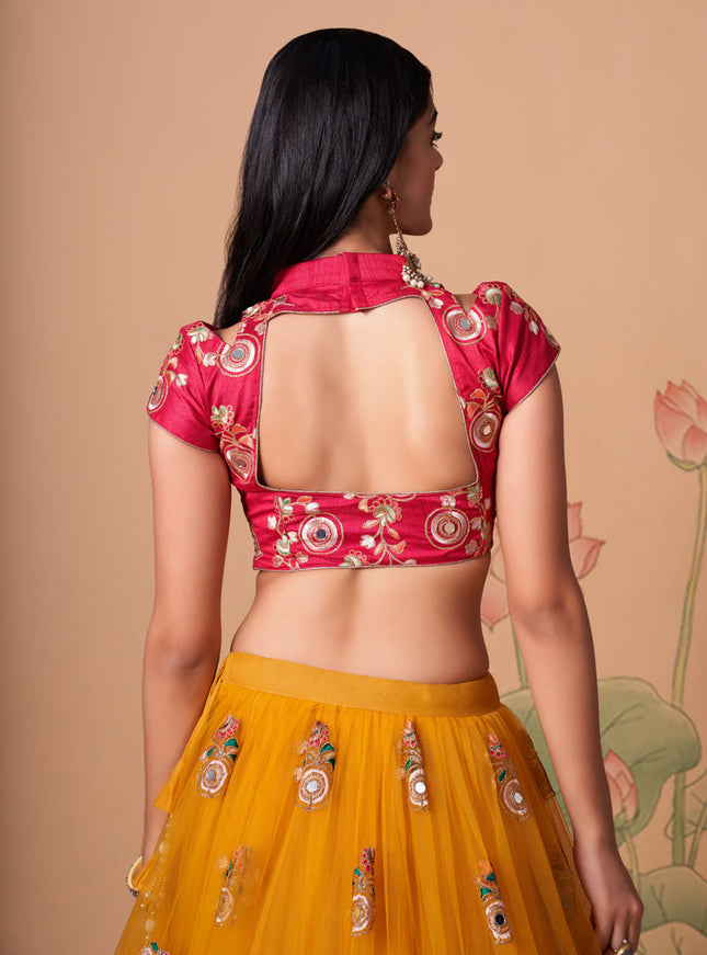 Dazzling Golden Yellow Net Embroidered Designer Lehenga Choli