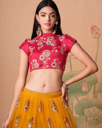 Dazzling Golden Yellow Net Embroidered Designer Lehenga Choli