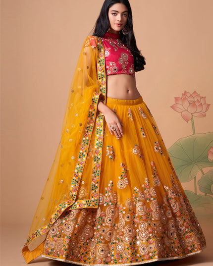 Dazzling Golden Yellow Net Embroidered Designer Lehenga Choli