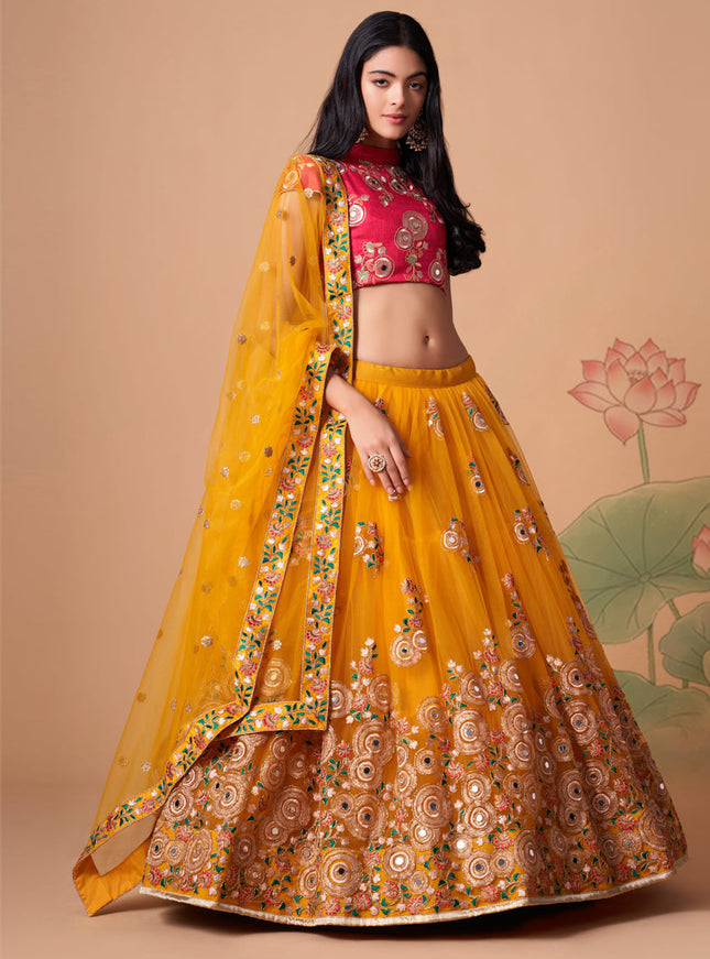 Dazzling Golden Yellow Net Embroidered Designer Lehenga Choli
