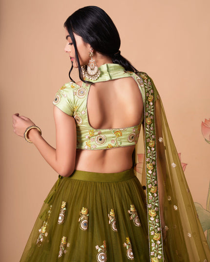 Incredible Mehendi Green Net Embroidered Designer Lehenga Choli