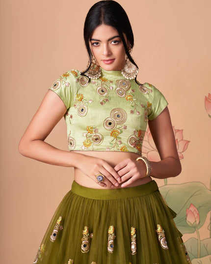 Incredible Mehendi Green Net Embroidered Designer Lehenga Choli