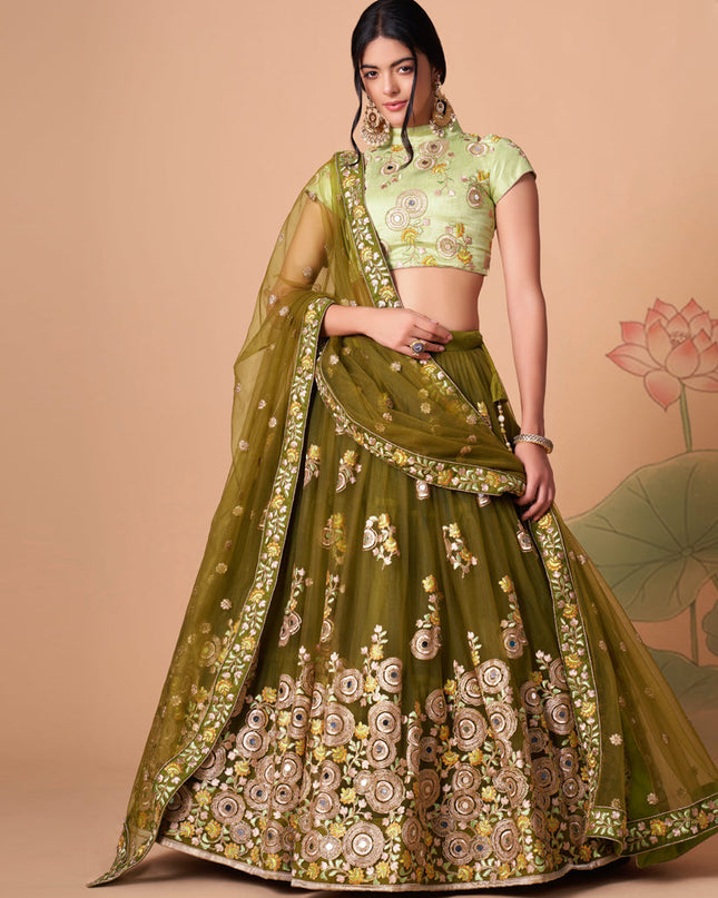 Incredible Mehendi Green Net Embroidered Designer Lehenga Choli