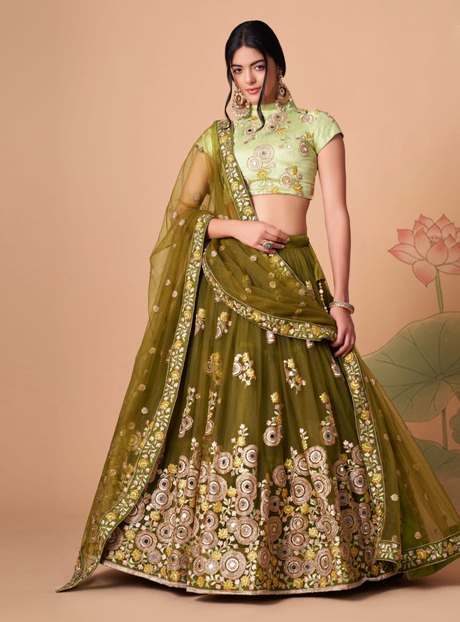 Incredible Mehendi Green Net Embroidered Designer Lehenga Choli