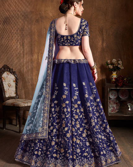 Charismatic Navy Blue Raw Silk Embroidered Designer Lehenga Choli