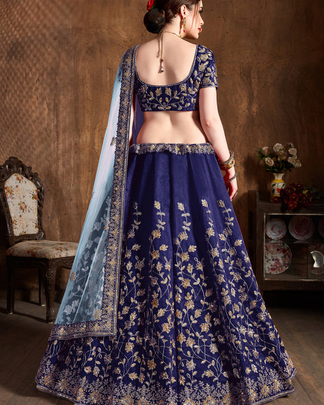 Charismatic Navy Blue Raw Silk Embroidered Designer Lehenga Choli