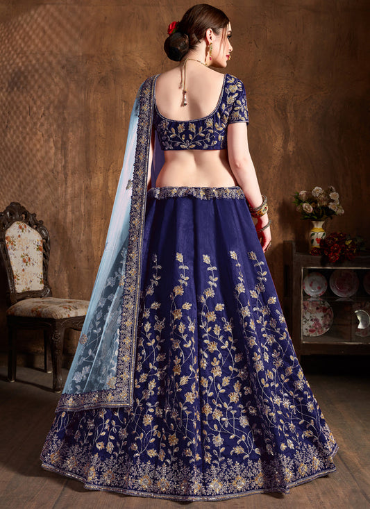 Charismatic Navy Blue Raw Silk Embroidered Designer Lehenga Choli
