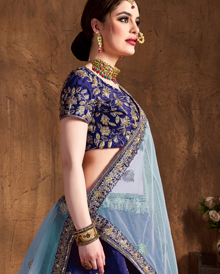 Charismatic Navy Blue Raw Silk Embroidered Designer Lehenga Choli