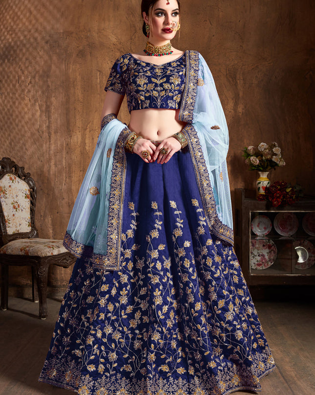 Charismatic Navy Blue Raw Silk Embroidered Designer Lehenga Choli