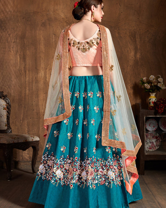 Astonishing Teal Blue Raw Silk Embroidered Designer Lehenga Choli