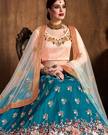 Astonishing Teal Blue Raw Silk Embroidered Designer Lehenga Choli