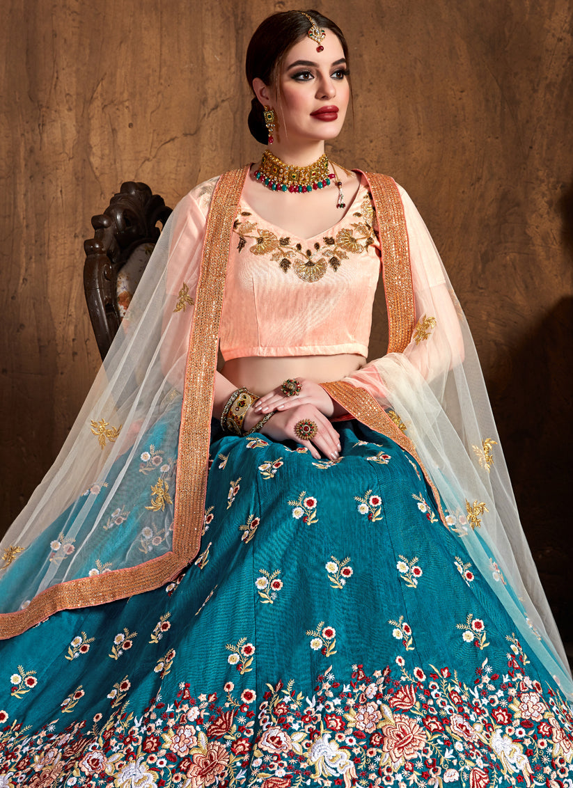 Astonishing Teal Blue Raw Silk Embroidered Designer Lehenga Choli