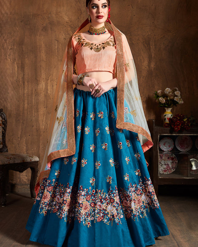 Astonishing Teal Blue Raw Silk Embroidered Designer Lehenga Choli