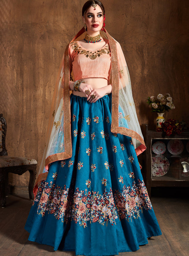 Astonishing Teal Blue Raw Silk Embroidered Designer Lehenga Choli