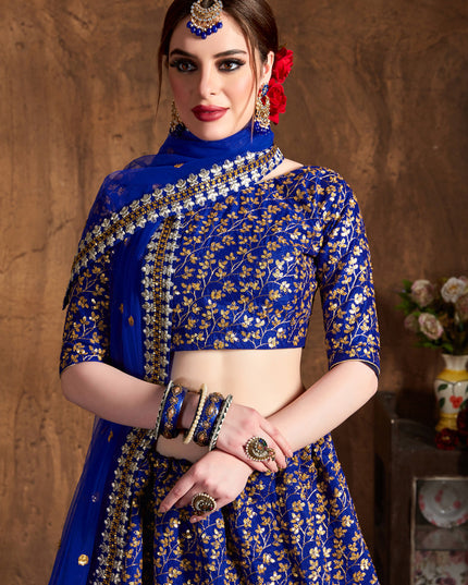 Elegant Royal Blue Raw Silk Embroidered Designer Lehenga Choli
