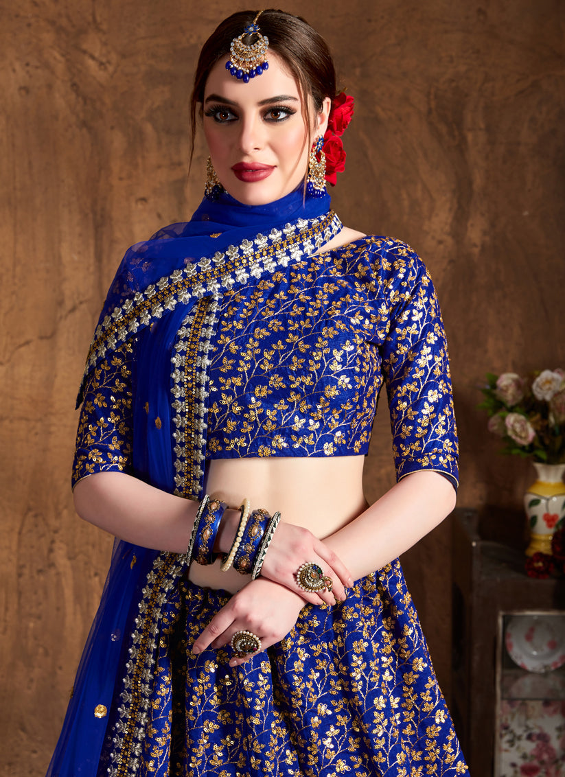 Elegant Royal Blue Raw Silk Embroidered Designer Lehenga Choli