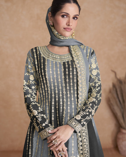 Smoke Grey and Black Chinnon Embroidered Designer Palazzo Suit