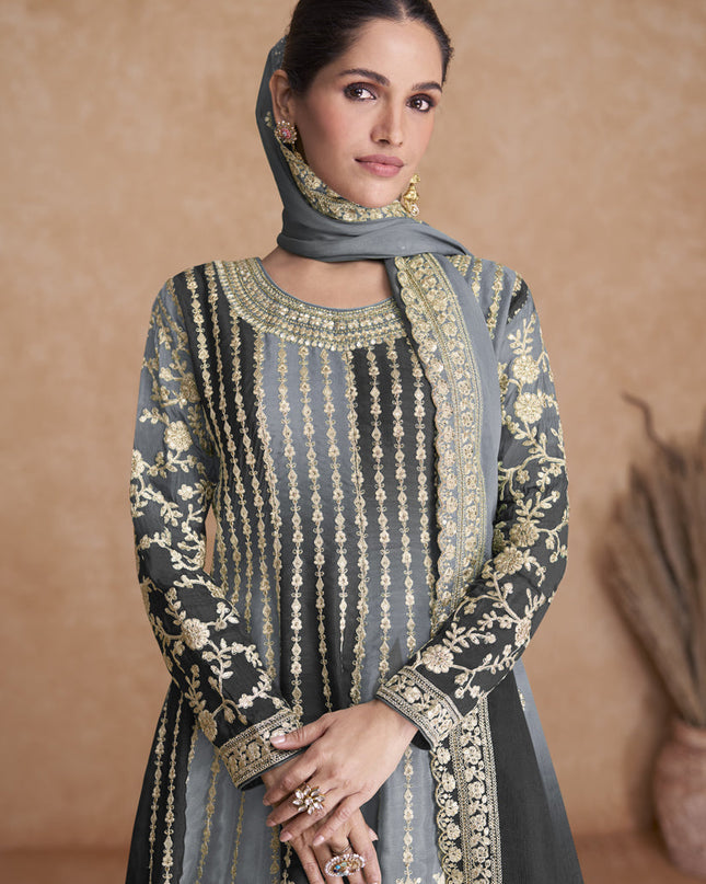 Smoke Grey and Black Chinnon Embroidered Designer Palazzo Suit