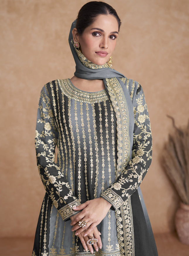 Smoke Grey and Black Chinnon Embroidered Designer Palazzo Suit