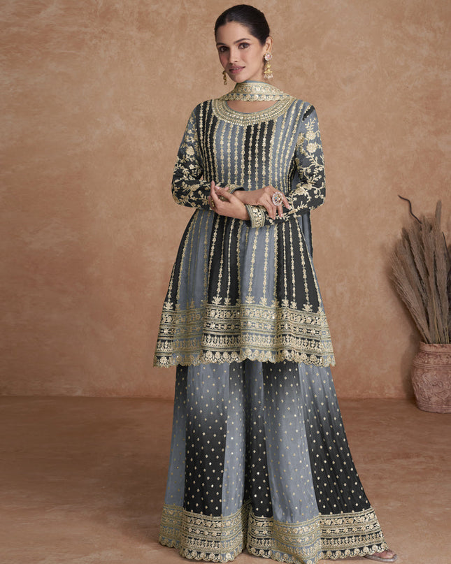 Smoke Grey and Black Chinnon Embroidered Designer Palazzo Suit
