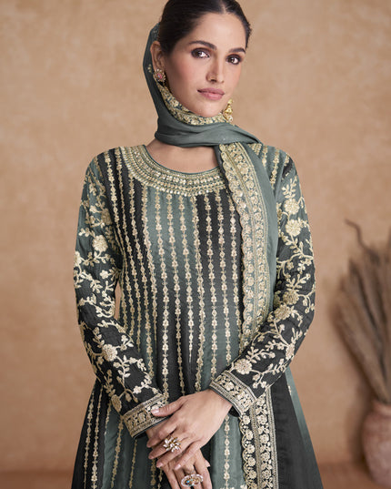 Moss Grey and Black Chinnon Embroidered Designer Palazzo Suit