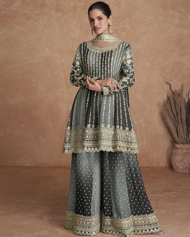Moss Grey and Black Chinnon Embroidered Designer Palazzo Suit