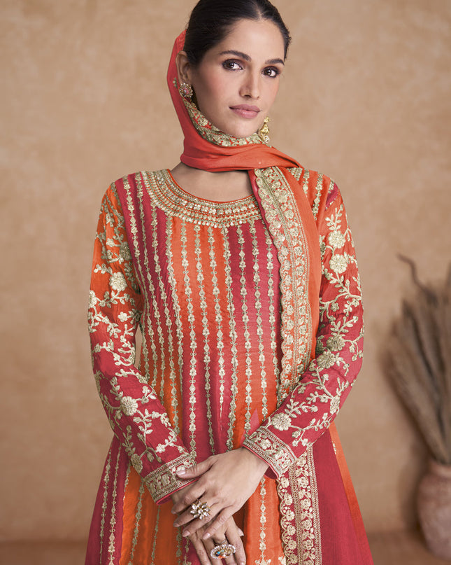 Flame Orange and Cherry Red Chinnon Embroidered Designer Palazzo Suit