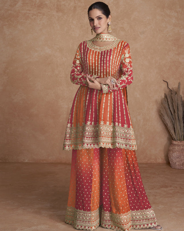 Flame Orange and Cherry Red Chinnon Embroidered Designer Palazzo Suit