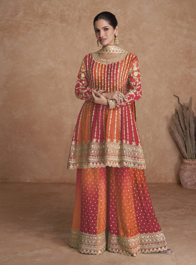 Flame Orange and Cherry Red Chinnon Embroidered Designer Palazzo Suit