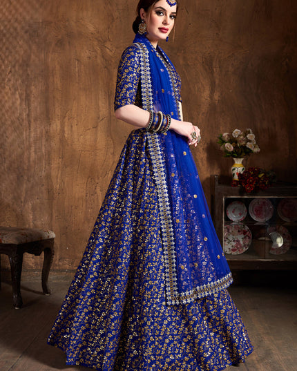 Elegant Royal Blue Raw Silk Embroidered Designer Lehenga Choli