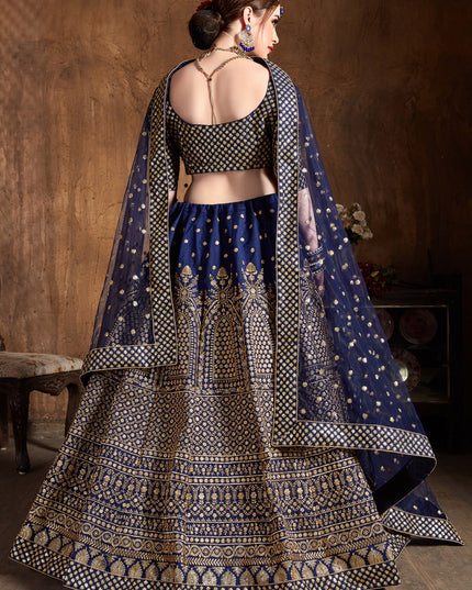 Captivating Navy Blue Raw Silk Embroidered Designer Lehenga Choli