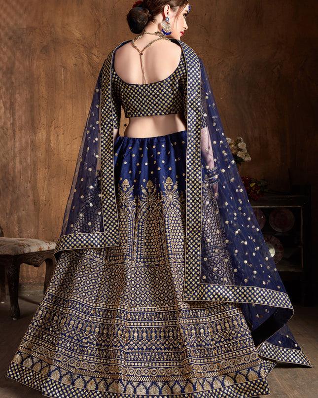 Captivating Navy Blue Raw Silk Embroidered Designer Lehenga Choli