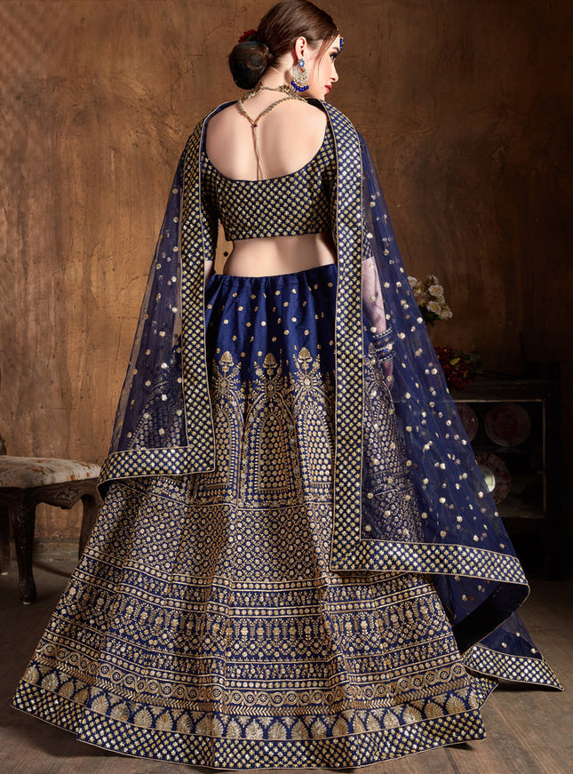 Captivating Navy Blue Raw Silk Embroidered Designer Lehenga Choli