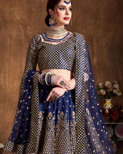Captivating Navy Blue Raw Silk Embroidered Designer Lehenga Choli