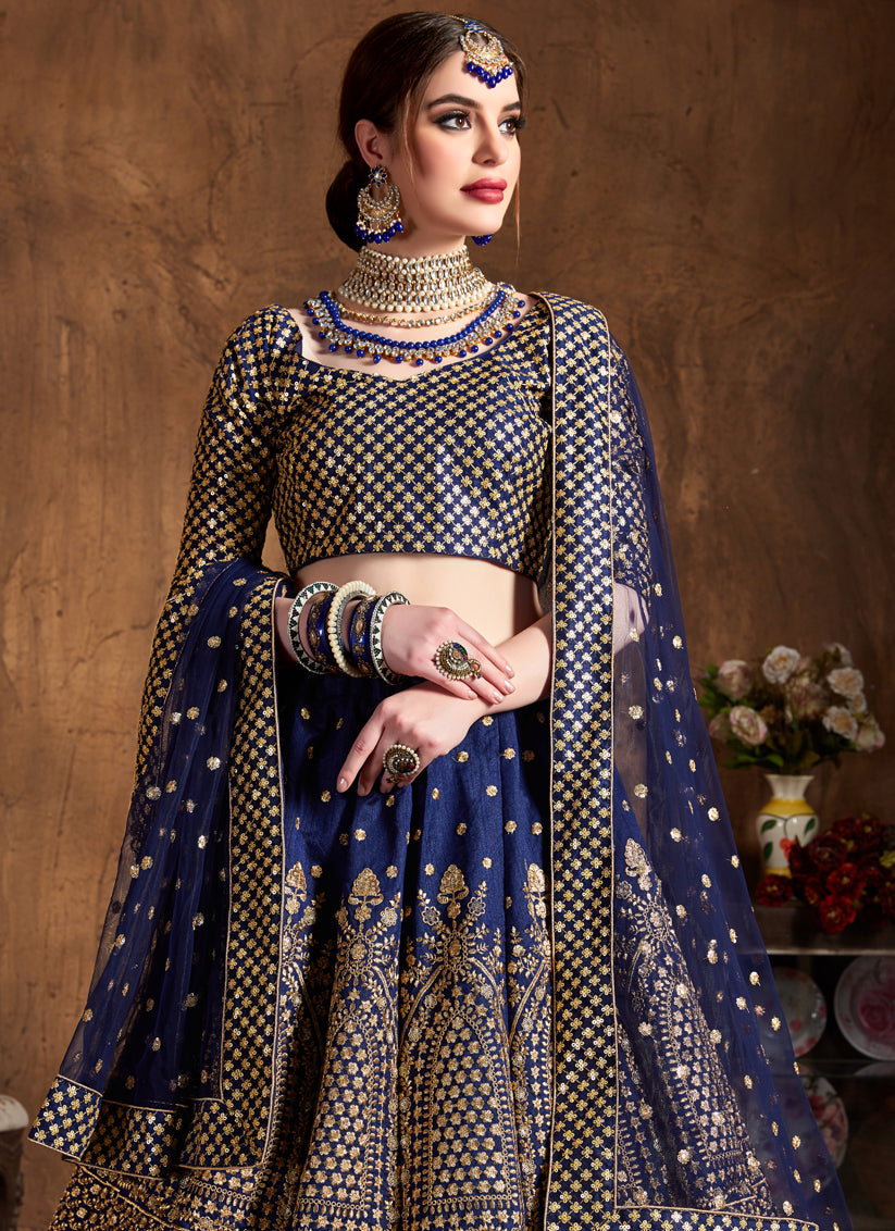 Captivating Navy Blue Raw Silk Embroidered Designer Lehenga Choli