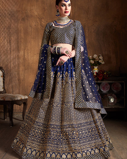 Captivating Navy Blue Raw Silk Embroidered Designer Lehenga Choli