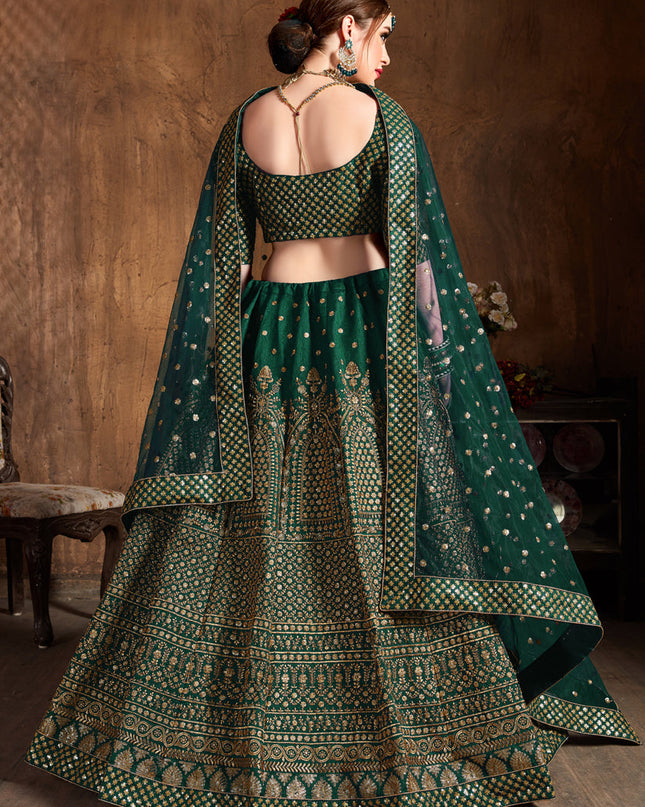 Stylish Green Raw Silk Embroidered Designer Lehenga Choli