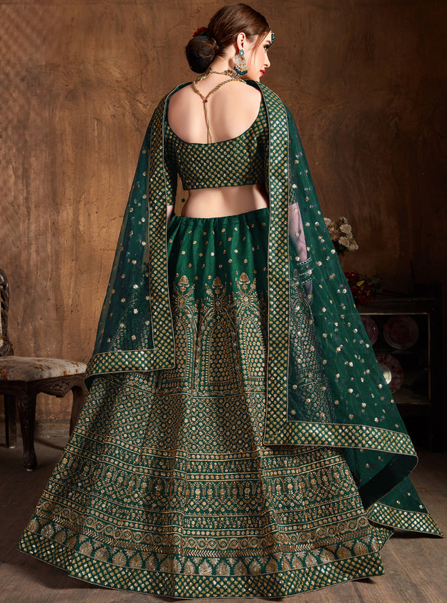 Stylish Green Raw Silk Embroidered Designer Lehenga Choli