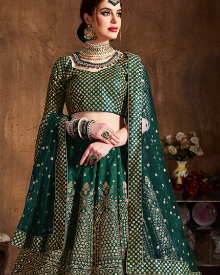 Stylish Green Raw Silk Embroidered Designer Lehenga Choli