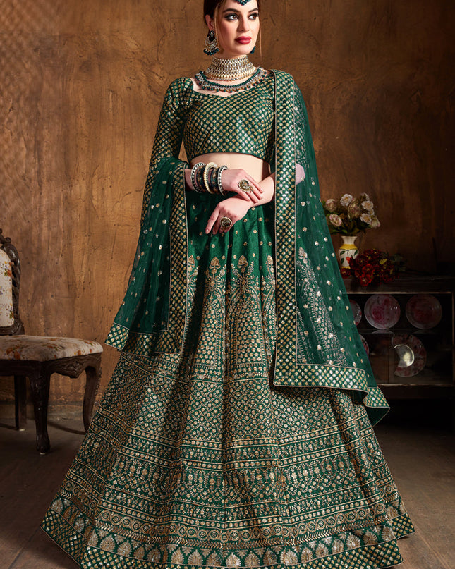 Stylish Green Raw Silk Embroidered Designer Lehenga Choli