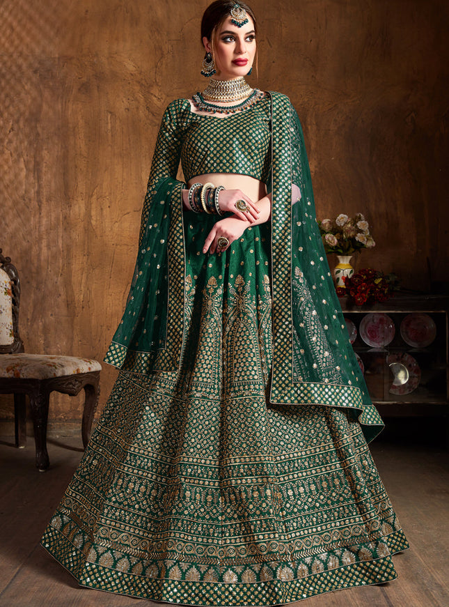 Stylish Green Raw Silk Embroidered Designer Lehenga Choli