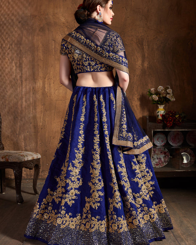 Beautiful Navy Blue Raw Silk Embroidered Designer Lehenga Choli