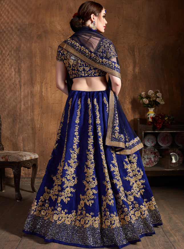 Beautiful Navy Blue Raw Silk Embroidered Designer Lehenga Choli