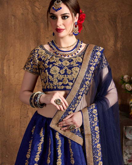 Beautiful Navy Blue Raw Silk Embroidered Designer Lehenga Choli